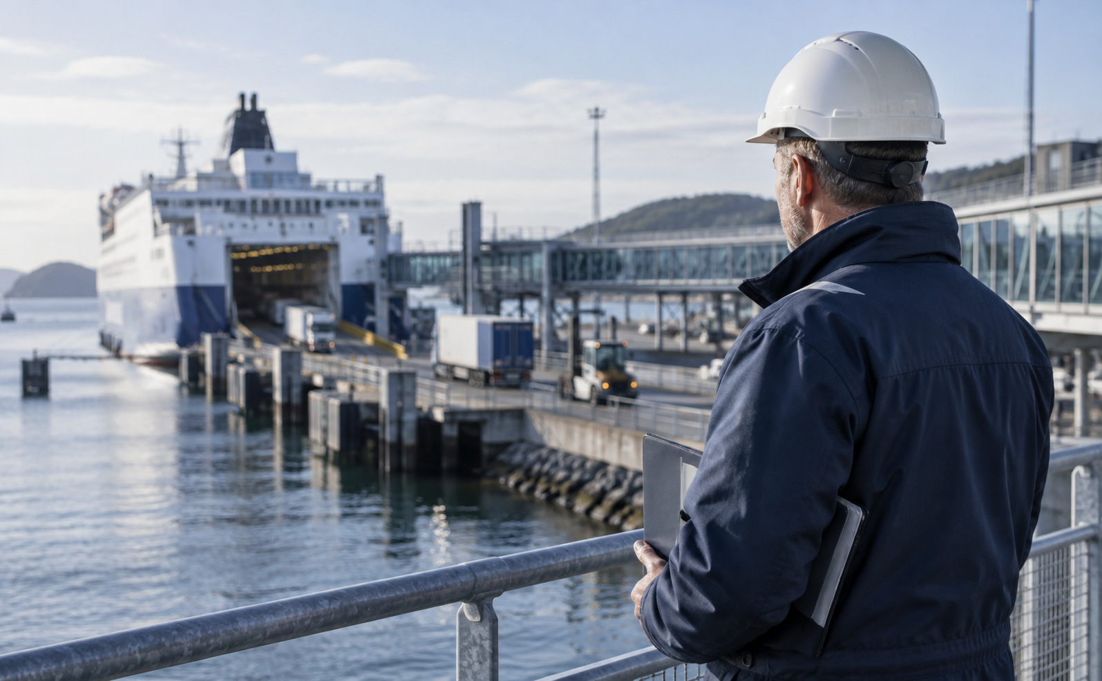 Illustration of a maritime manager overlooking a ferry terminal