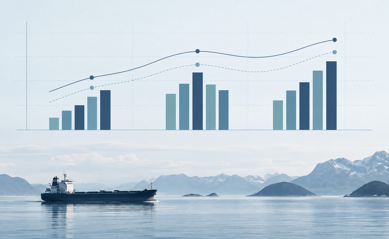 Conceptual illustration of scenario curves and comparison bars above a maritime scene