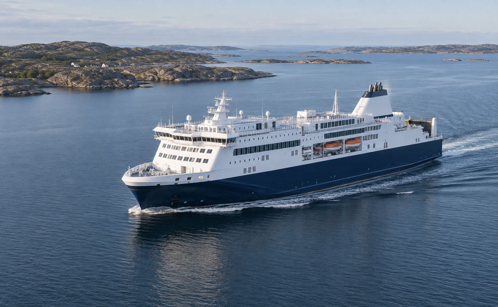 Illustration of a ferry underway along a Scandinavian coast