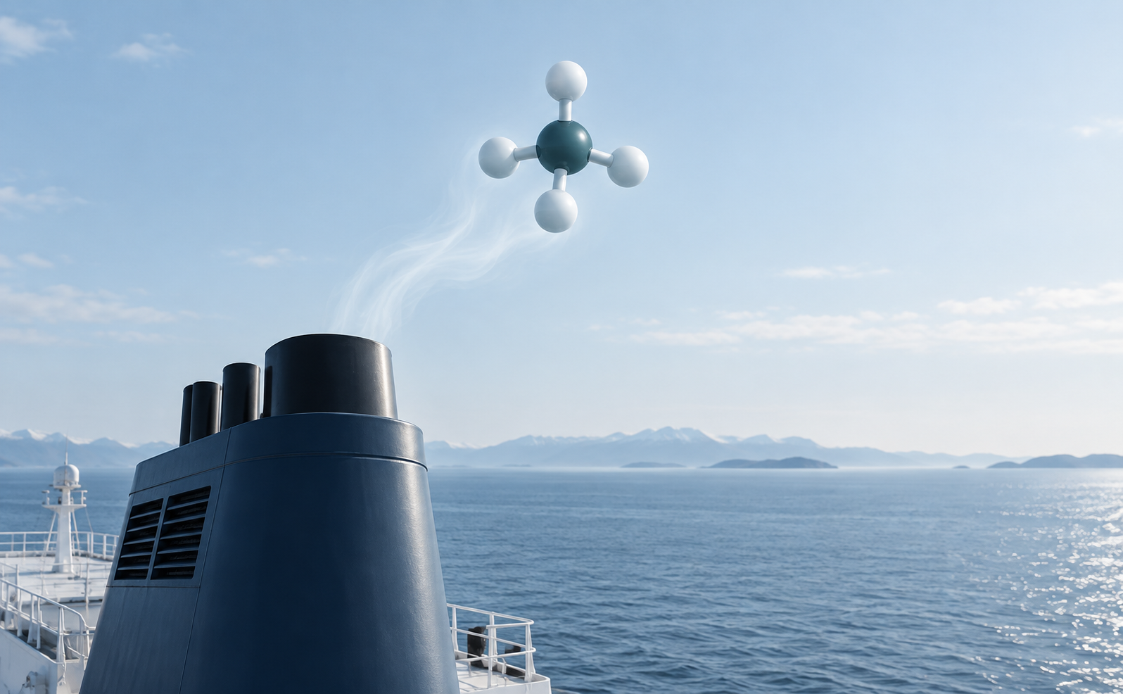 Illustration of a methane molecule above a ship funnel